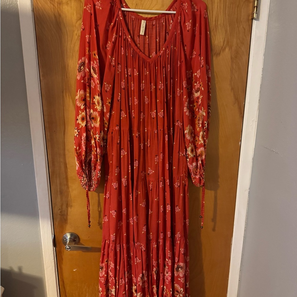 Spell and The Gypsy Collective Coral Floral Ruffle Drawstring Sleeve Dress